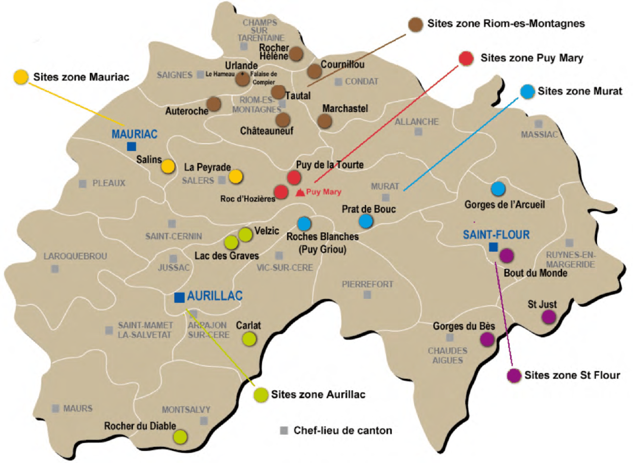 Carte des sites d'escalade du Cantal AME15