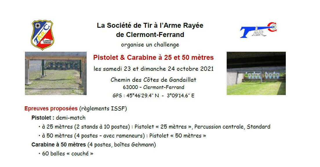 01/08/2021 - Annonce challenge Pistolet/Carabine TARC - Clermont Fd