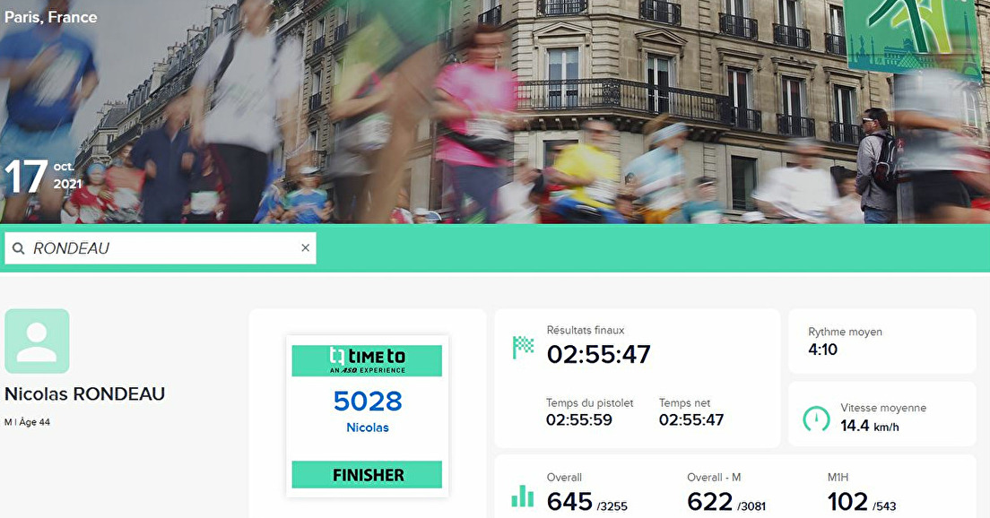 Marathon de PARIS : très belle performance de Nicolas RONDEAU en 2h55:47