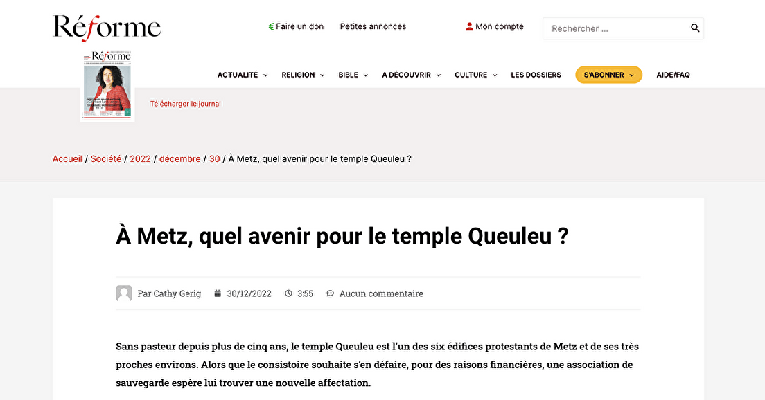 Le journal Réforme s'interroge sur l'avenir du Temple de Metz Queuleu