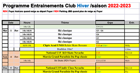 Programme Hiver: stage Fev / courses / entraînements