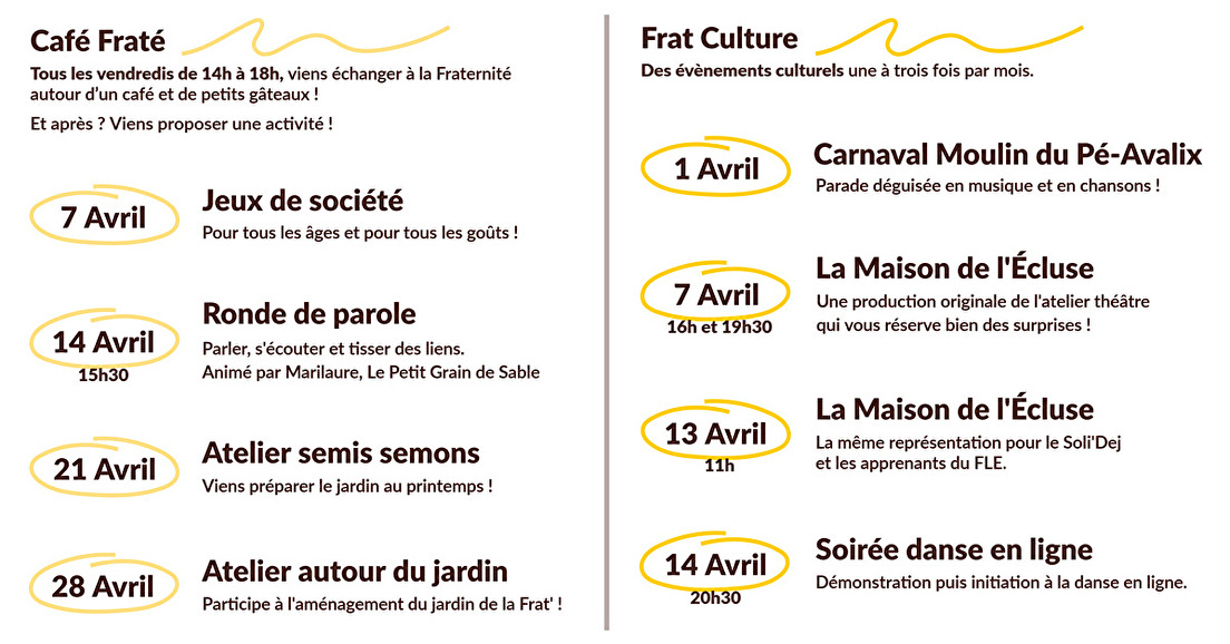 Planning des événements - Avril 2023 (Café Fraté & Frat Culture)