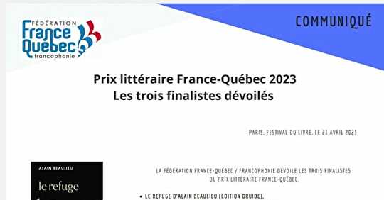 Annonce des 3 finalistes du Prix littéraire France Québec 2023.