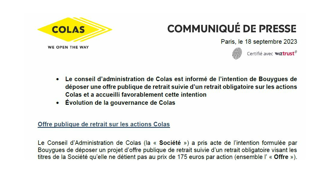 Communiqué de presse : O.P.R. reprise des actions COLAS par Bouygues