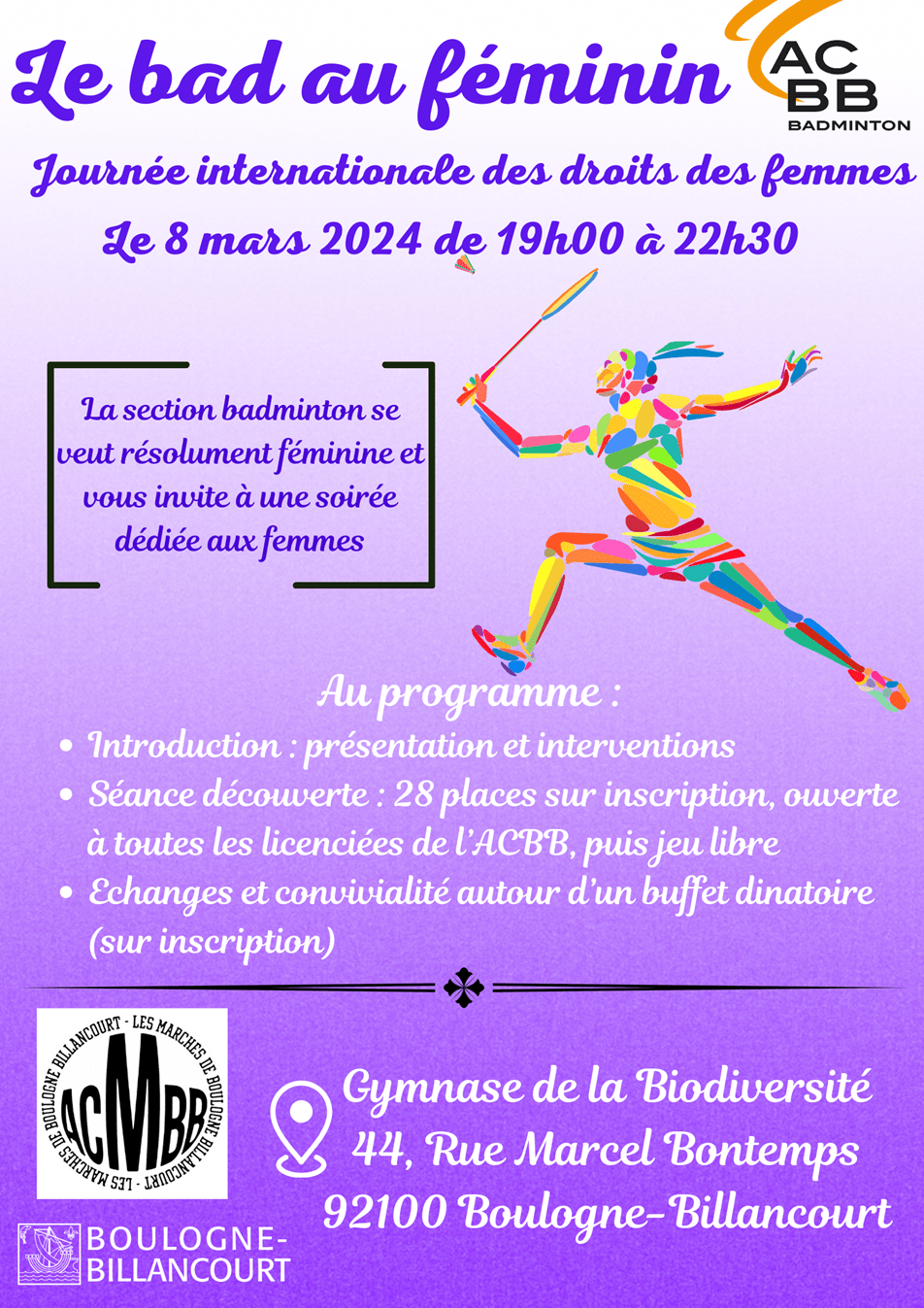 Affiche ACBB Badminton pour la Journée Internationale des Droits de la Femme 2024