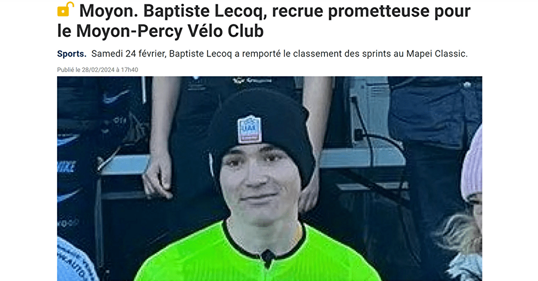 Baptiste Lecoq, recrue prometteuse pour le Moyon-Percy Vélo Club