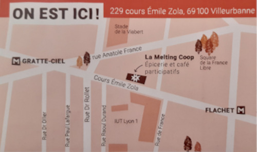 Carte du quartier avec l'emplacement de la Melting Coop entre les métros Gratte-Ciel et Flachet