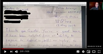 13 mai 2019 : Assange a pu écrire une lettre de sa prison.